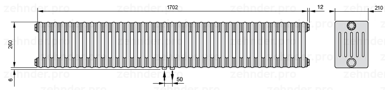 Схема (чертеж) Радиатор Zehnder Charleston 6026/37 №3470 Белый глянцевый RAL 9016